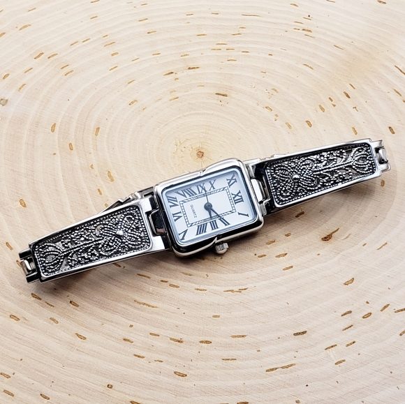 Stainless Steel Quartz Roman Numeral Rectangle Face Watch 6.5" - Picture 2 of 8